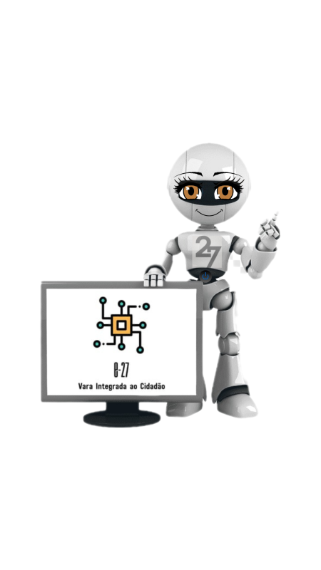 Robô segurando uma tela de computador com a logo da 27VF