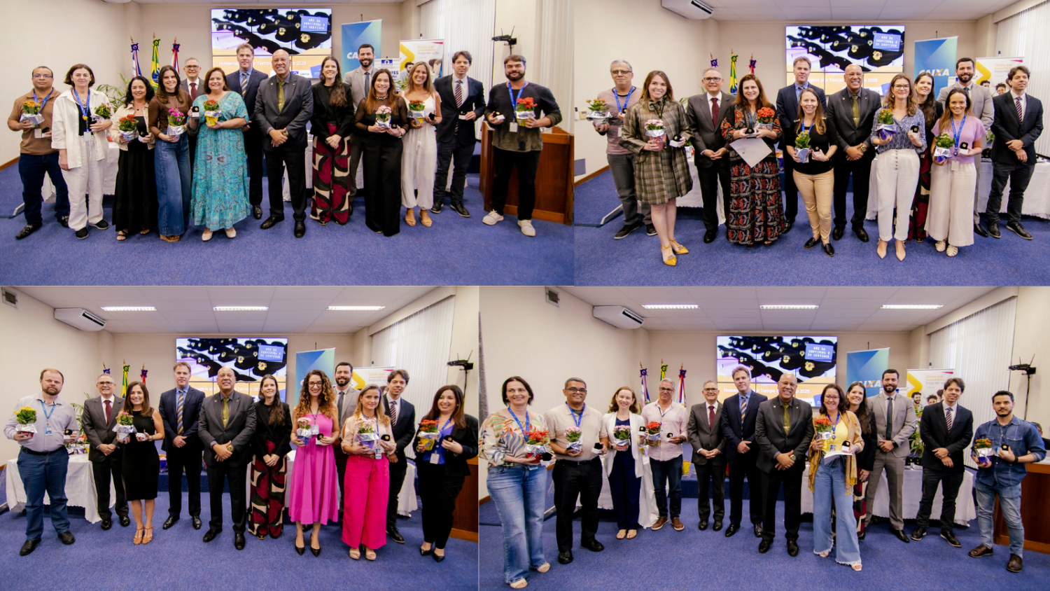 Grupos de servidores recebem homenagens por tempo de serviço, segurando medalhas e flores, diante de telão e bandeiras.