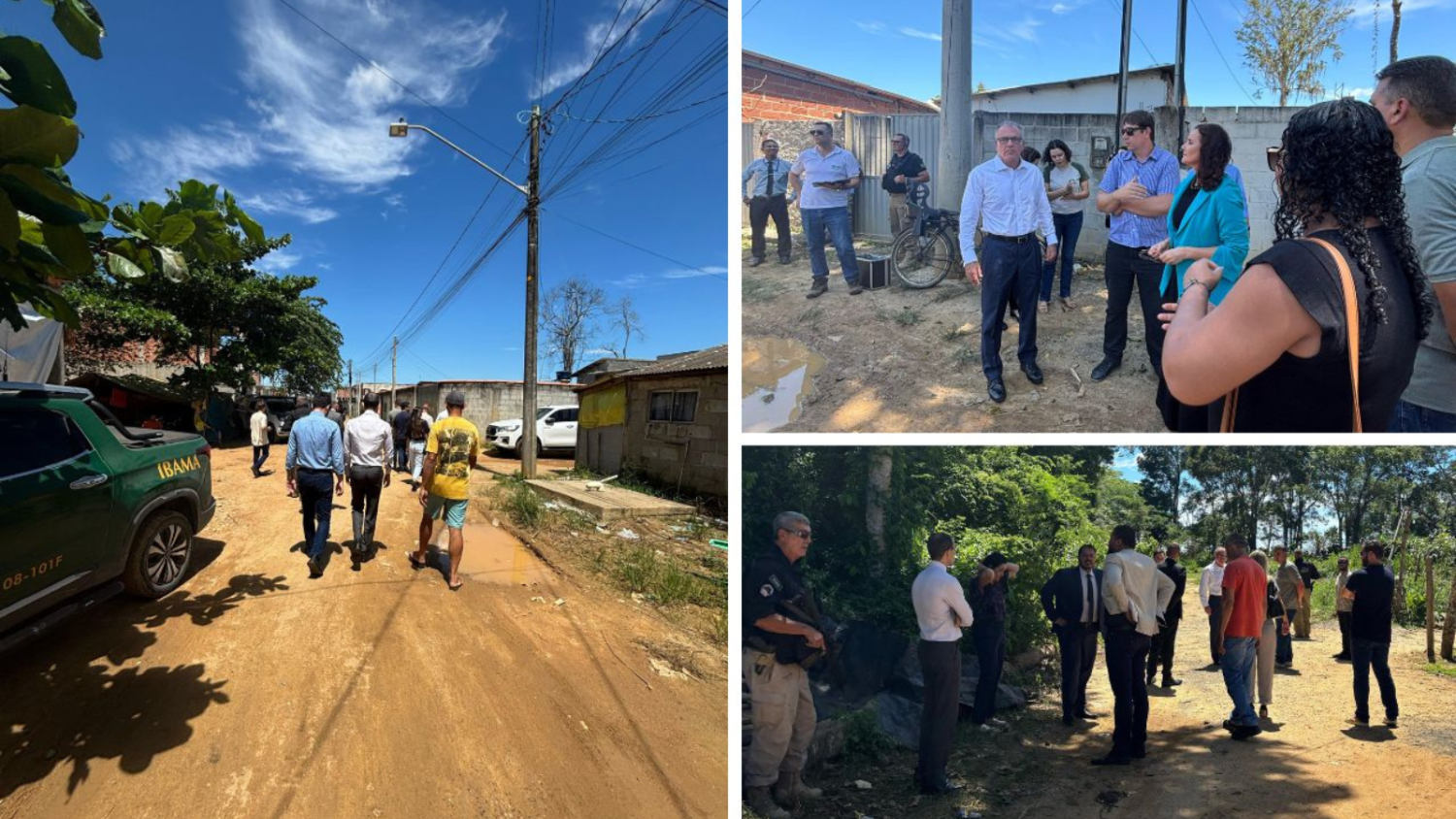 mosaico com três fotos da visita ao loteamento, ruas de terra, árvores e pessoas andando, outras paradas conversando, 