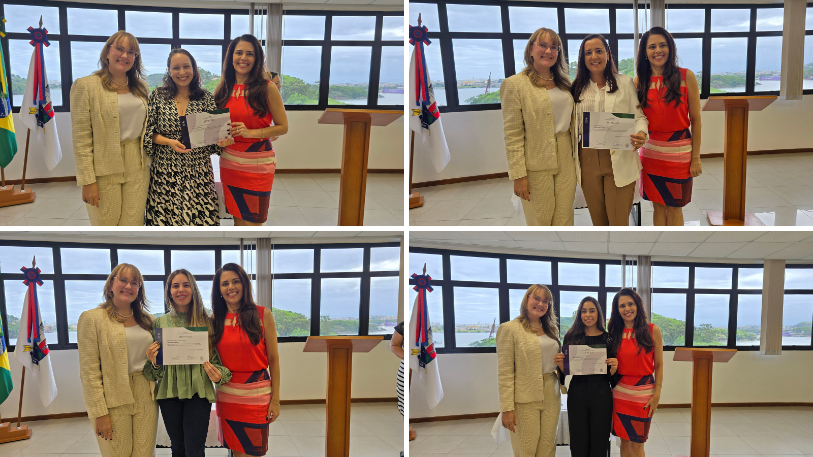montagem de quatro fotos, com as magistradas entregando o certificado para cada formanda