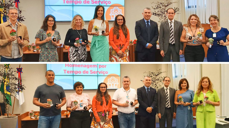 Montagem de duas fotos: uma com seis mulheres e três homens, e outra com quatro mulheres e quatro homens. Os homenageados e as homenageadas seguram caixinhas com os bótons recebidos