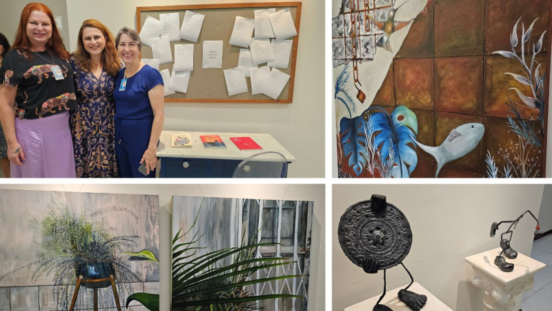 Montagem de quatro fotos: 1) três mulheres em frente a um quadro de cortiça com papeis brancos afixados e mesa com três livros; 2 e 3) quadros pintados com imagens de natureza; 4) esculturas de ferro sobre pedestais brancos