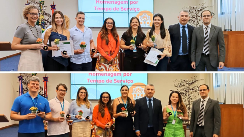 Montagem de duas fotos: uma com cinco mulheres e três homens, e outra com quatro mulheres e quatro homens. Os homenageados e as homenageadas seguram caixinhas com os bótons recebidos