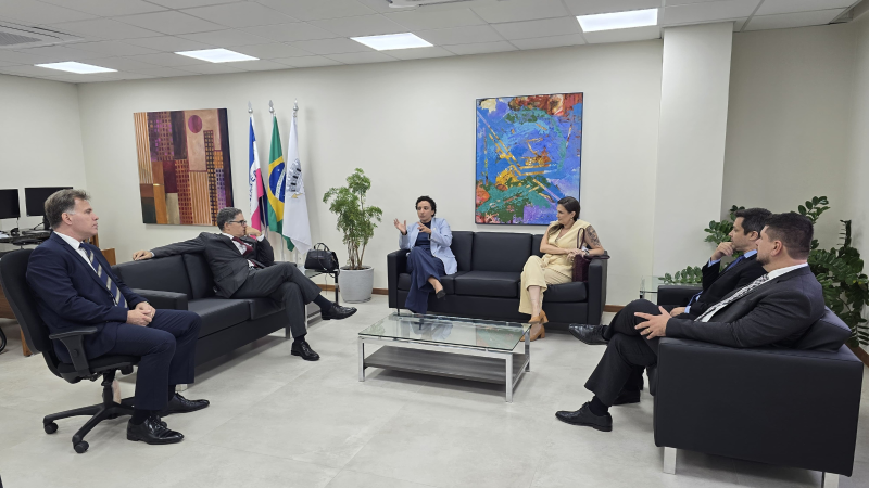 Foto da reunião acontecendo. Todos sentados em sofás pretos. Ao centro, uma mesa de vidro baixa. Ao fundo, paredes brancas com dois quadros coloridos, uma planta e bandeiras