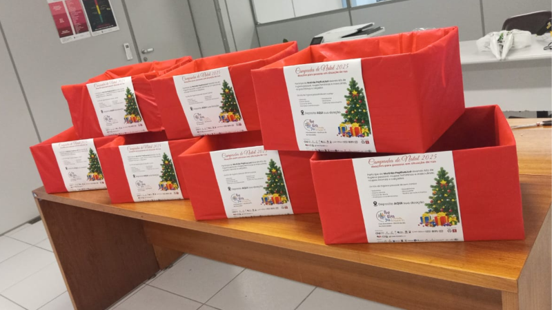 Seis caixas forradas de vermelho, sobre uma mesa de madeira. Nas caixas estão colados cartazes brancos com texto e figura de árvore de Natal