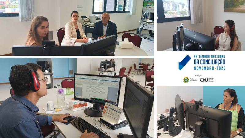 Montagem de quatro fotos de servidor e servidoras realizando audiências presenciais e virtuais, além do título "XX Semana Nacional da Conciliação - Novembro 2025", brasão da República com o nome Poder Judiciário e logomarca do CNJ