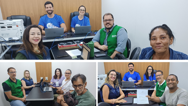 Fotos de pessoas sentadas ao redor de mesas, durante as audiências realizadas na unidade móvel da Justiça