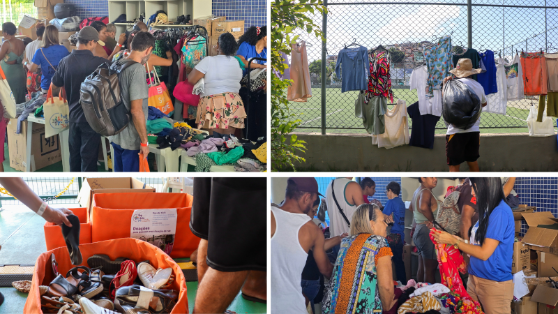 Pessoas escolhem roupas e calçados em área de doações organizada, com peças expostas em mesas e araras. Em outra cena, roupas estão penduradas em cerca, sendo selecionadas por um participante.