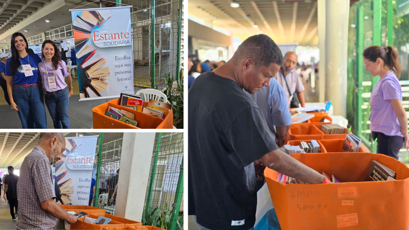 Montagem de fotos com duas servidoras posando ao lado de um banner, onde está escrito: "Estante solidária - Escolha sua próxima leitura", e homens escolhendo livros