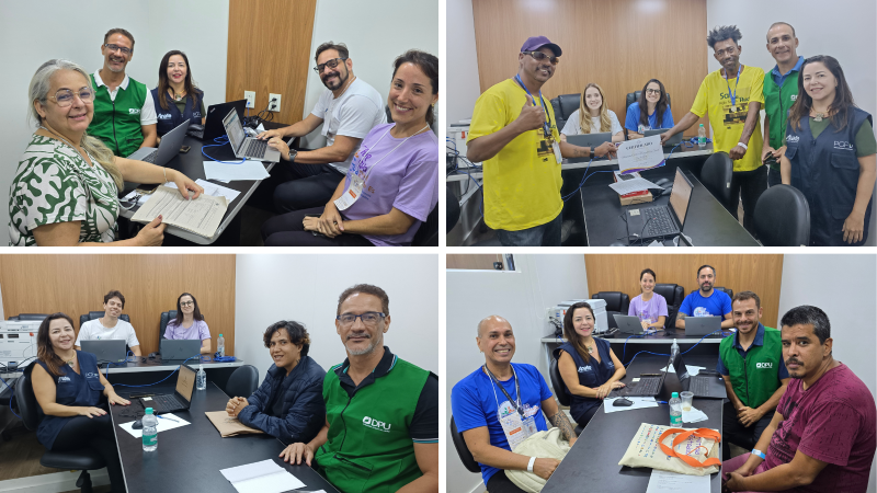 Fotos de pessoas sentadas ao redor de mesas, durante as audiências realizadas na unidade móvel da Justiça