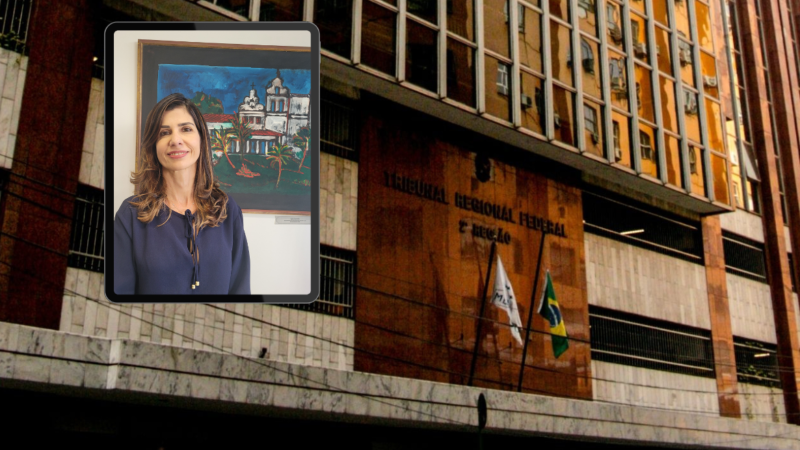 Fachada da sede do TRF2, com retrato da juíza federal Eloá Alves Ferreira sobreposto no canto superior esquerdo