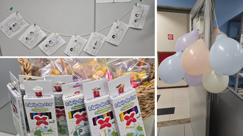 Montagem de fotos mostrando varal com desenhos pendurados, bolas coloridas e kits de balas e lápis de cor