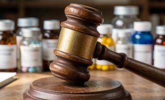 A imagem mostra um martelo de juiz de madeira repousando sobre uma base sonora, ambos colocados sobre uma superfície também de madeira. Ao fundo, há vários frascos de medicamentos com tampa laranja, alinhados em uma fileira.