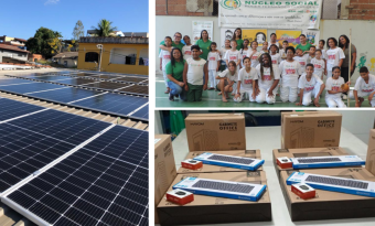 fotos das placas de energia solar instaladas, grupo de adolescentes com roupas de capoeira e computadores adquiridos