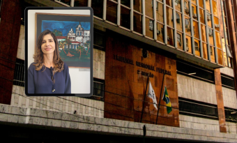 Fachada da sede do TRF2, com retrato da juíza federal Eloá Alves Ferreira sobreposto no canto superior esquerdo