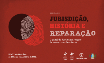 cartaz em fundo vermelho com o título do Seminário "Jurisdição, História e Reparação" em caixa alta