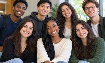seis jovens sentados, de diferentes raças