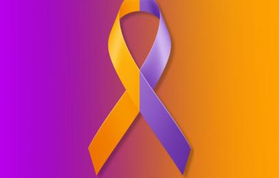 Fundo roxo e laranja com laço roxo e laranja em destaque