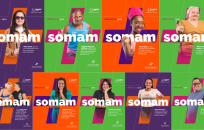 Imagem que mostra nove cards da campanha, nas cores roxo, verde limão e laranja, com fotos de homens e mulheres com os mais variados tipos de deficiência, sorrindo. Abaixo de cada foto, texto com nome e atividade de cada um na sociedade