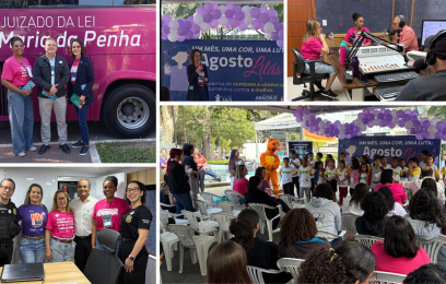 mosaico de fotos do evento, onde aparecem as participantes, cenas do evento e o Ônibus Rosa