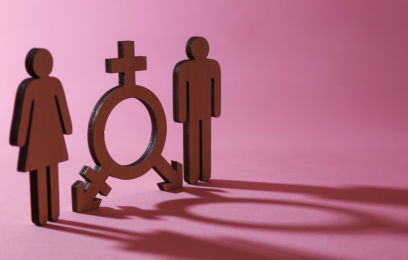 Recortes de madeira representando uma mulher e um homem, com o símbolo da igualdade de gênero entre eles, sobre fundo rosa.