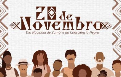 ilustração com grupo de pessoas pretas,  acima data da efemeride em cor marrom