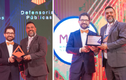 Montagem com duas fotos do servidor recebendo as premiações: troféu e placa de menção honrosa