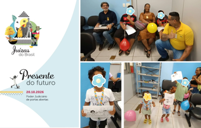 Montagem de fotos de crianças brincando com bolas coloridas e desenhos para colorir. No canto esquerdo, logomarca do projeto Presente do Futuro